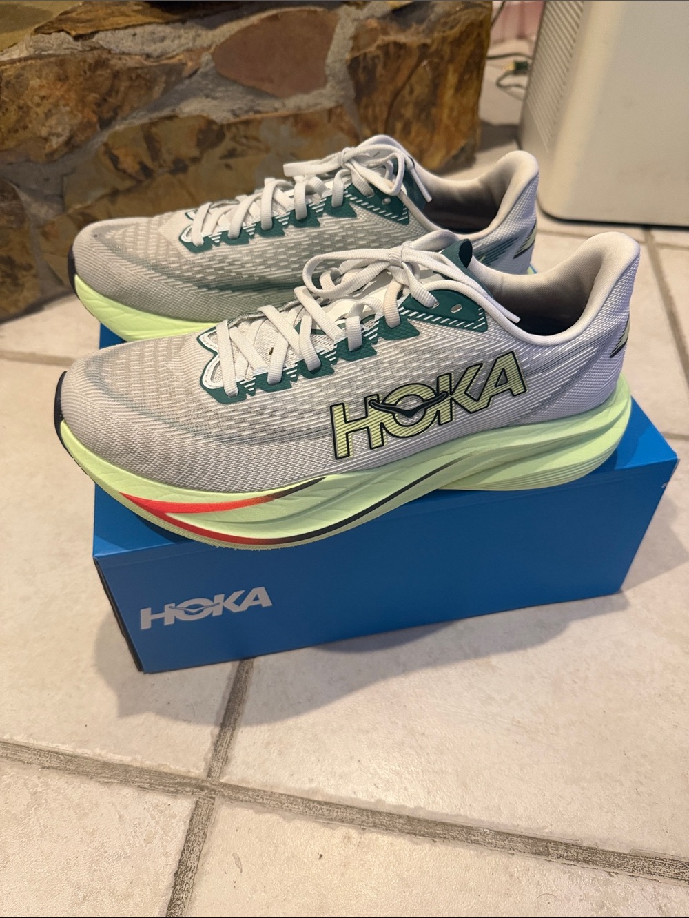Hoka Mens Running Shoes in Light Gray with Lime Accents